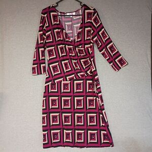 9 & Co. Dress Geometric Pink and Black Wrap Dress SIZE 14